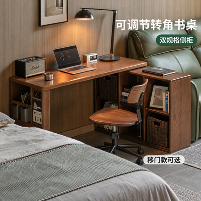 实木伸缩书桌现代简约橡木书房转角办公桌胡桃色化妆桌