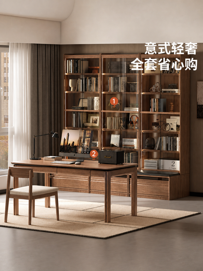 浅胡桃色实木书柜套餐意式轻奢白蜡木展示柜家具组合套装