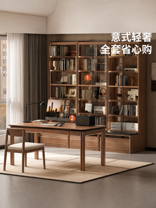 浅胡桃色实木书柜套餐意式轻奢白蜡木展示柜家具组合套装