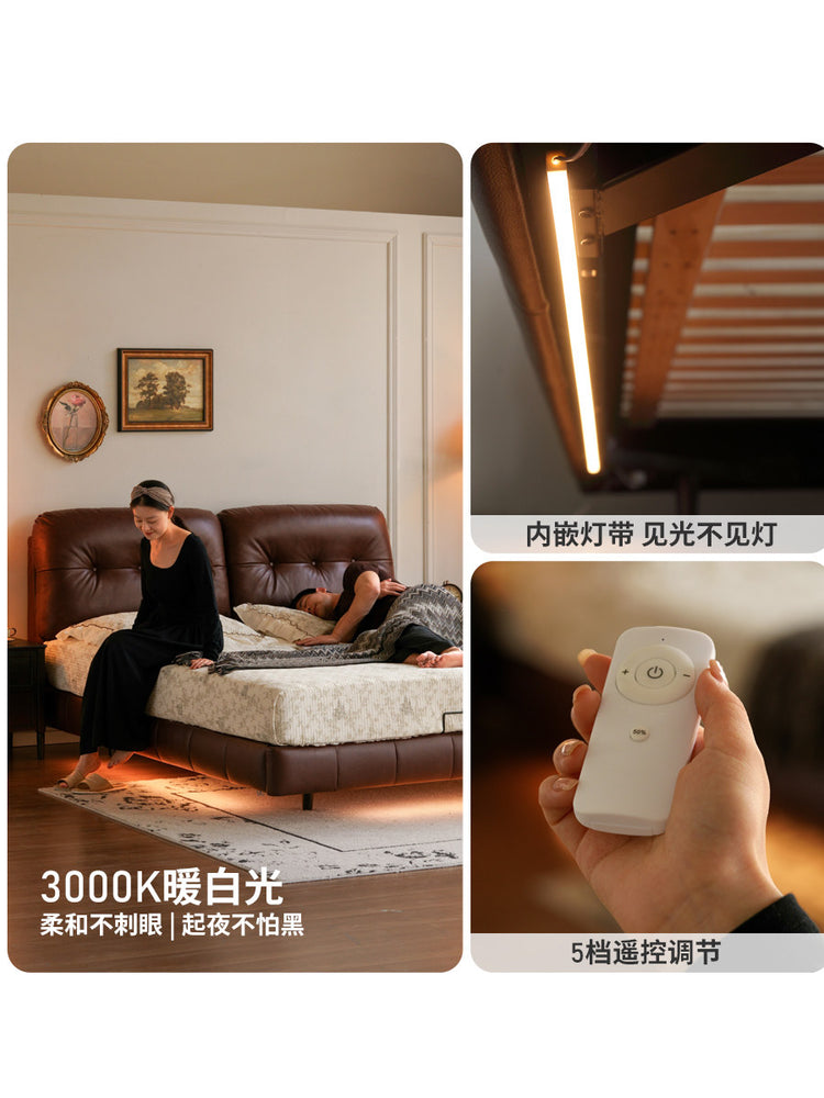 真皮床美式复古软包床卧室带灯悬浮床1米8双人大床