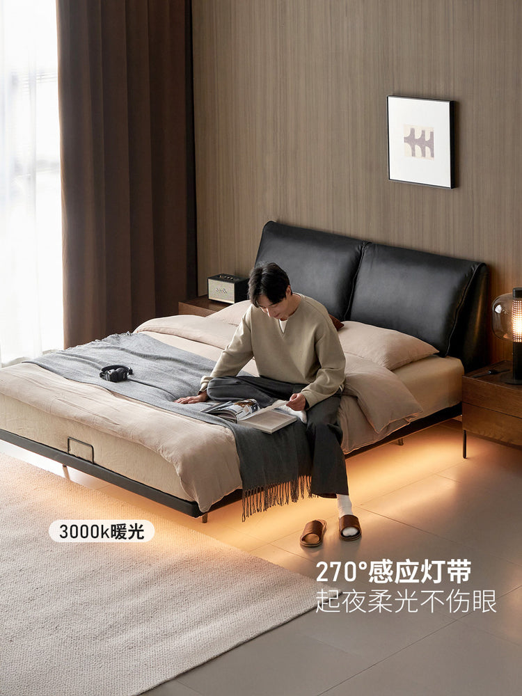 奶油风大象耳朵床卧室家具科技布软包床带灯氛围感悬浮床