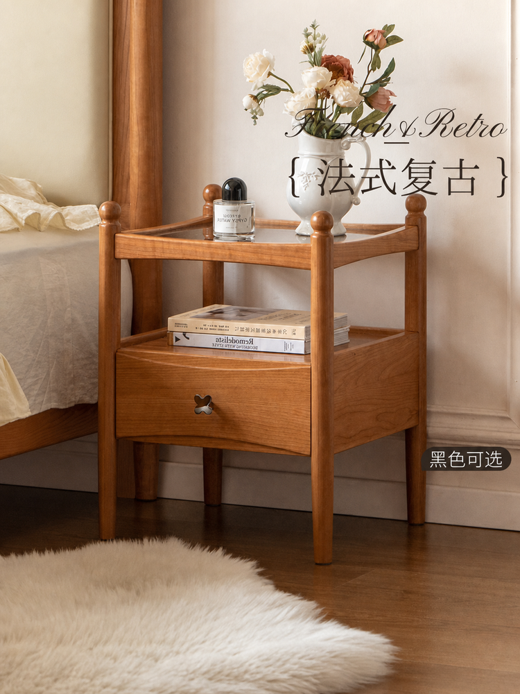 实木床头柜法式复古樱桃木置物柜卧室一抽一隔储物柜