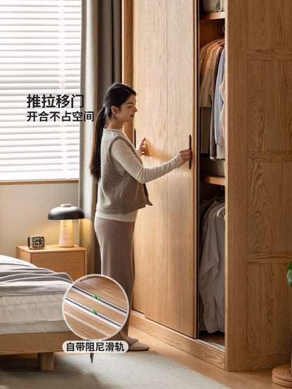 实木衣柜现代推拉门卧室橡木衣橱大容量简约储物柜