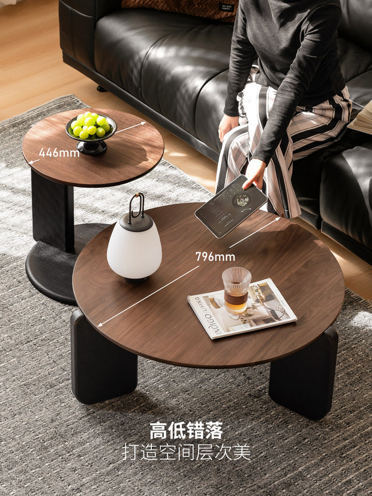 实木意式轻奢沙发边几客厅黑胡桃木圆几茶几组合