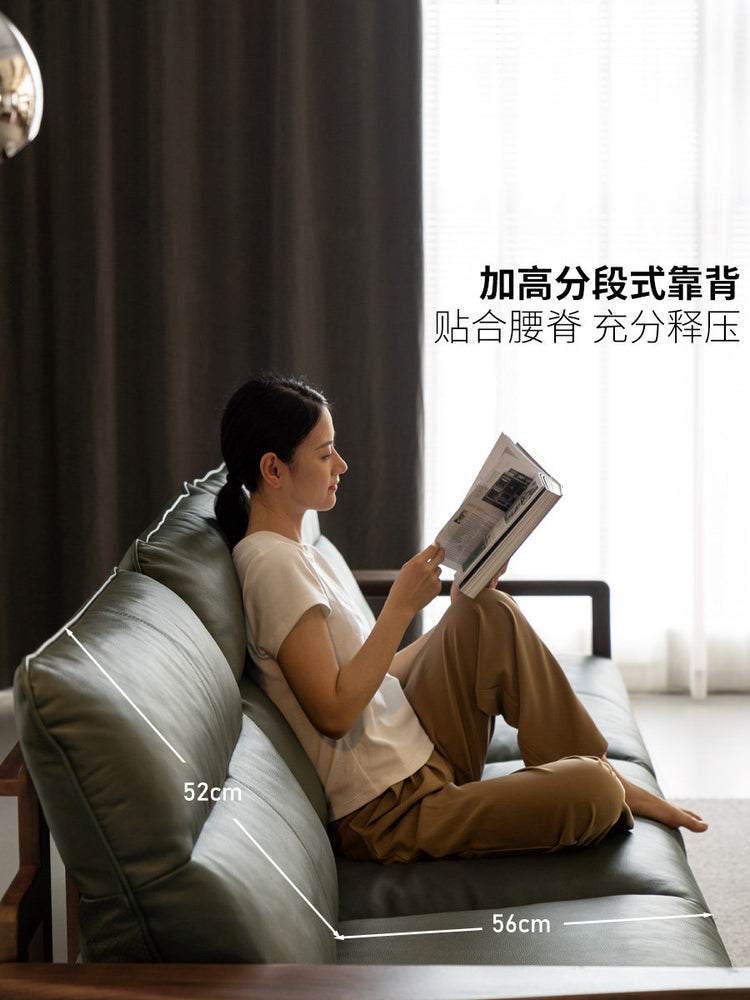 纯实木客厅轻奢黑胡桃真皮沙发小户型三人位沙发