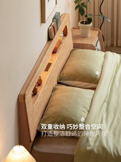 实木床橡木双人床卧室家具北欧带插座夜光大床置物床