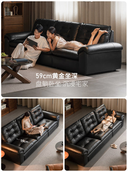 真皮沙发意式轻奢黑色云朵客厅小户型复古三人位沙发