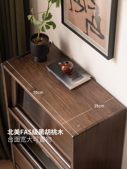 实木边柜客厅现代简约沙发翻门展示柜黑胡桃木落地书柜