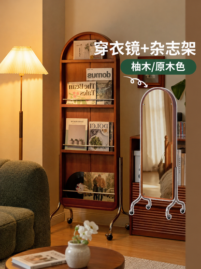 实木穿衣镜中古全身镜复古收纳杂志架卧室落地镜子