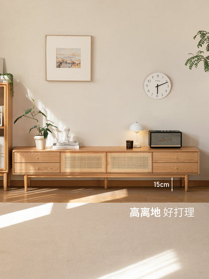 实木电视柜日式小户型橡木储物柜简约客厅原木藤编地柜