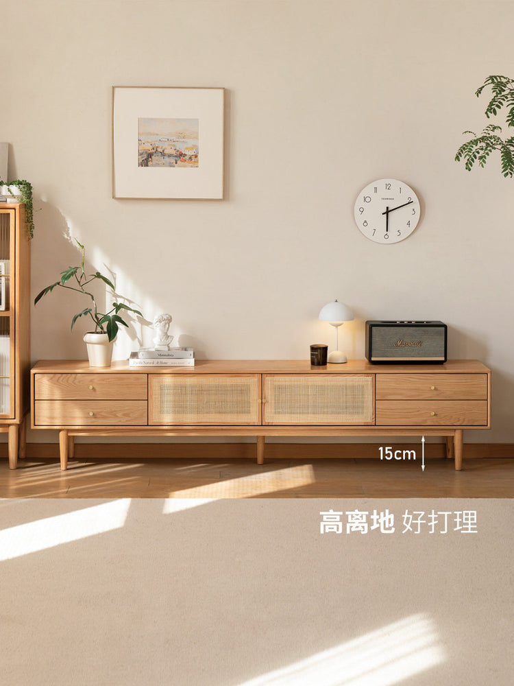 实木电视柜日式小户型橡木储物柜简约客厅原木藤编地柜