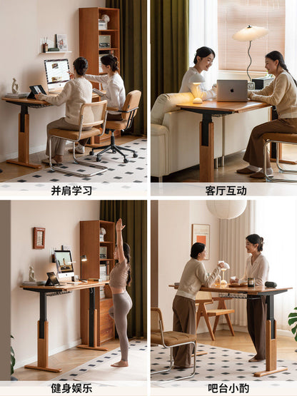 智能电动升降书桌中古樱桃木办公桌电脑桌站立工作台