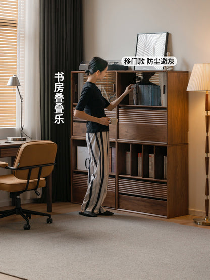 实木书柜书房轻奢风组合模块柜黑胡桃木矮柜收纳柜