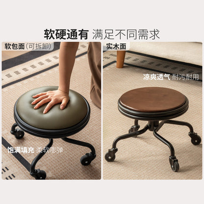 换鞋凳中古风移动圆凳客厅胡桃色小凳子小户型软包凳