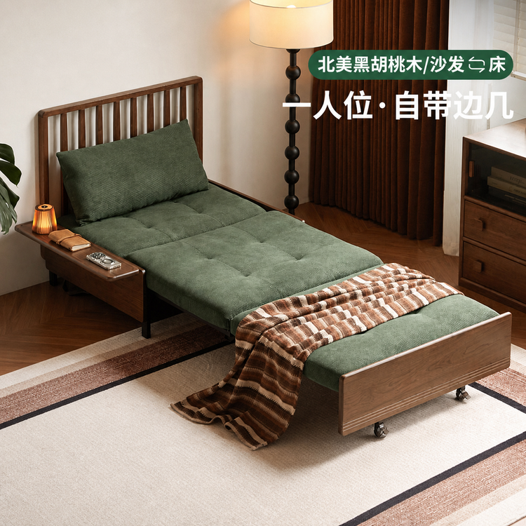 实木沙发床简约坐卧两用客厅小户型黑胡桃木折叠沙发