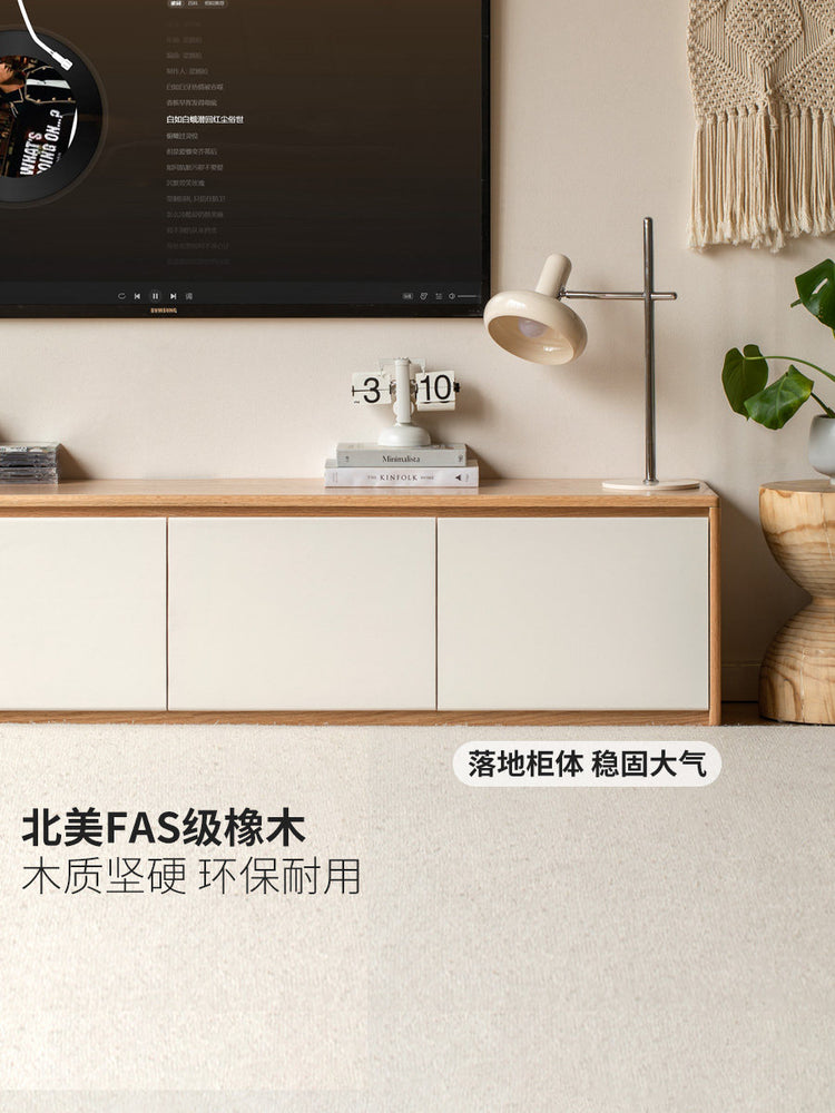 实木电视柜现代简约白色收纳储物柜一体原木落地电视机柜