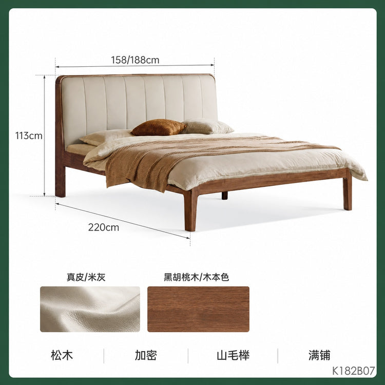 实木床真皮软包床简约黑胡桃木双人床卧室带插座1.8大床