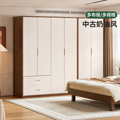 实木衣柜中古奶油风橡木衣橱卧室胡桃色储物柜收纳柜