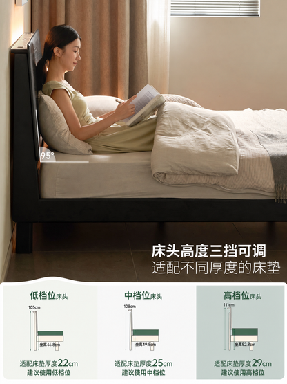 实木床现代简约大板床卧室黑色双人床多功能夜光床