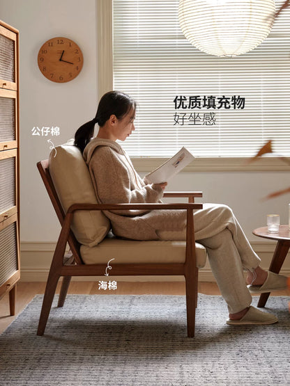 实木沙发椅简约现代客厅真皮靠背椅子黑胡桃木阳台休闲椅