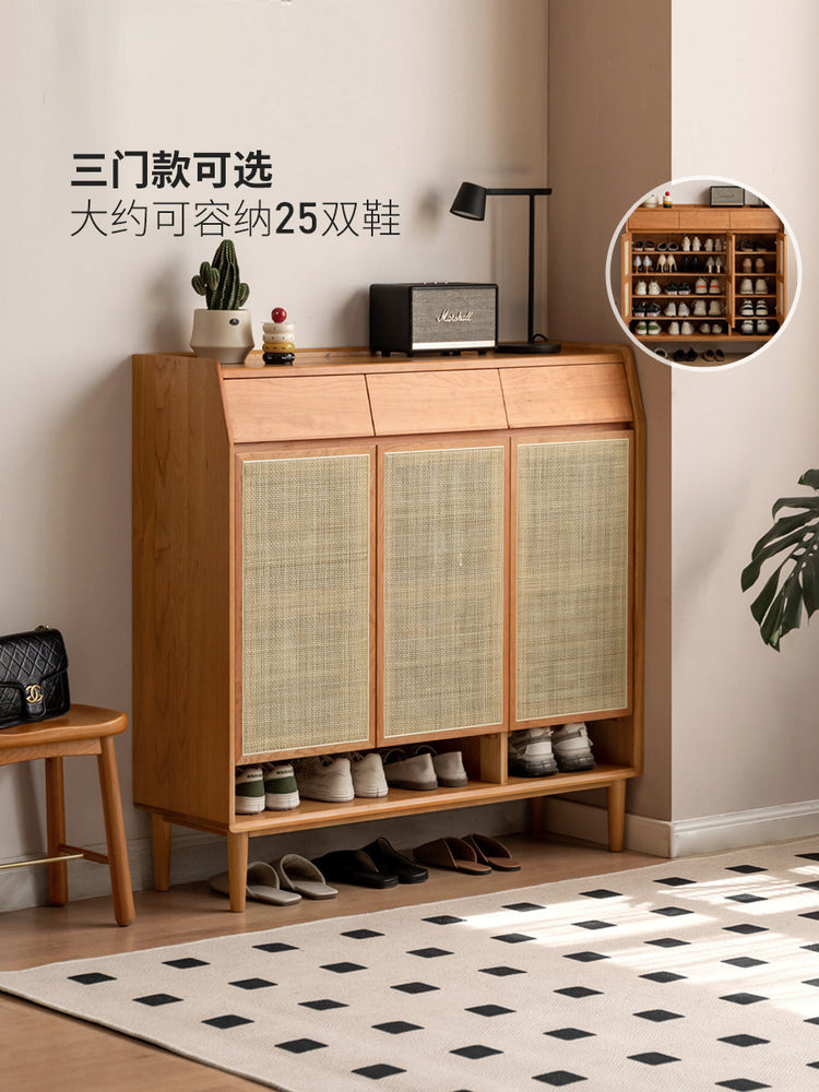 实木鞋柜入户玄关柜客厅樱桃木藤编收纳柜阳台储物柜
