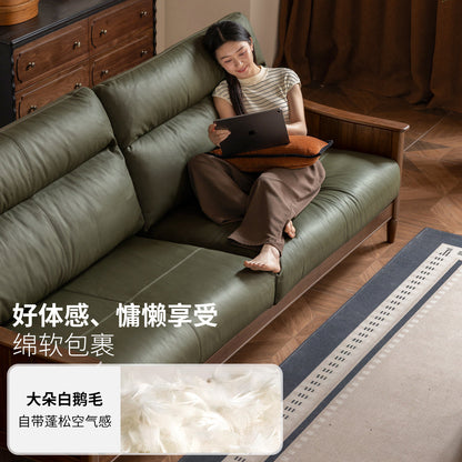 实木沙发客厅复古直排沙小户型中古黑胡桃木真皮沙发