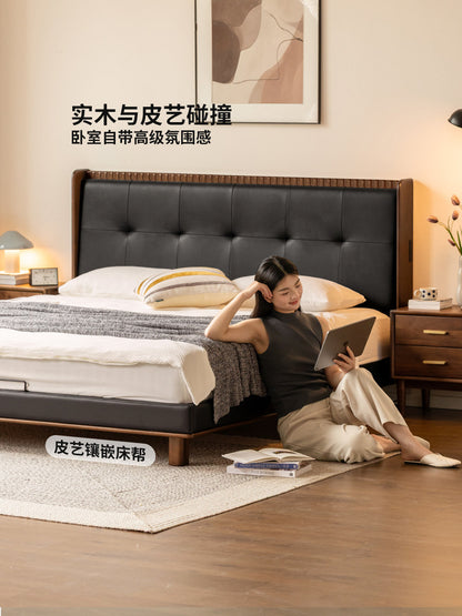 实木床现代简约胡桃色软靠床卧室多功能真皮双人床