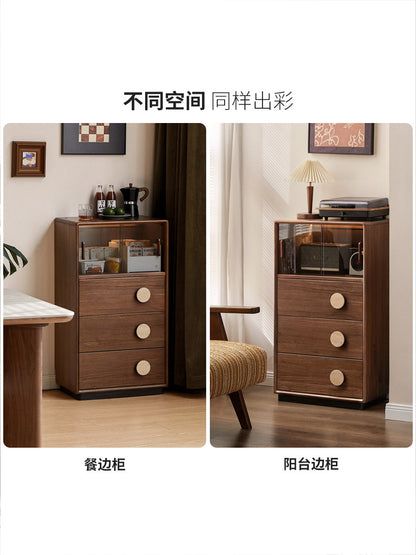实木边柜客厅复古抽屉储物柜黑胡桃木展示柜落地置物柜