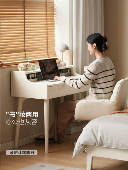全实木梳妆台奶油风化妆桌电脑桌一体现代简约白色化妆台