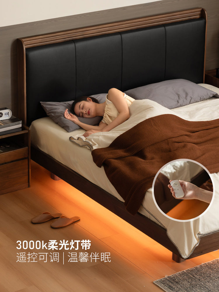 实木床意式轻奢真皮床卧室黑胡桃木软靠床带灯悬浮床