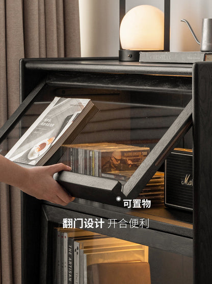 实木客厅展示柜电视立柜翻门储物柜沙发边柜黑色家具