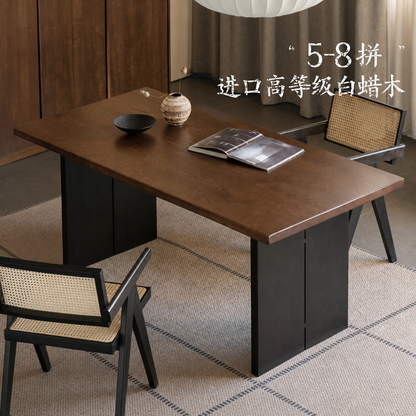 实木餐桌餐厅侘寂厚桌面自然边大板桌白蜡木拼黑桌子