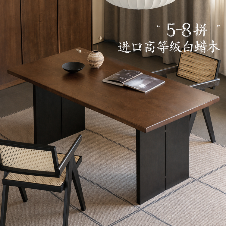 实木餐桌餐厅侘寂厚桌面自然边大板桌白蜡木拼黑桌子
