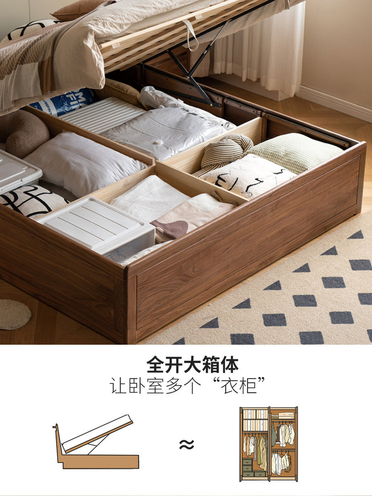 实木箱体床储物床黑胡桃木床小户型气压高箱床真皮双人床