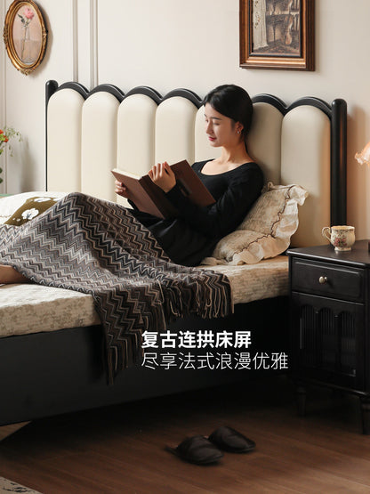 实木床法式复古软包储物床卧室中古风双人床黑色箱体床