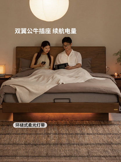 黑标实木床意式轻奢电动悬浮床卧室黑胡桃木夜光床箱体床