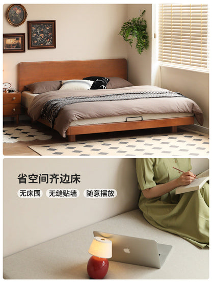 实木床卧室双人床简约悬浮床中古大板床小户型复古齐边床