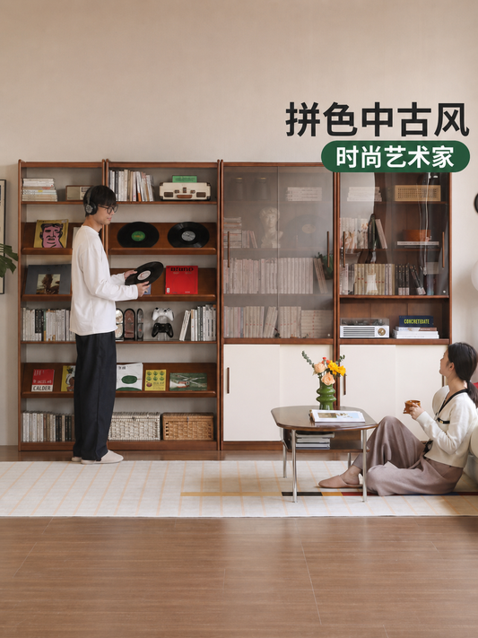 实木书柜书房中古风置物柜拼色玻璃组合展示柜落地收纳柜