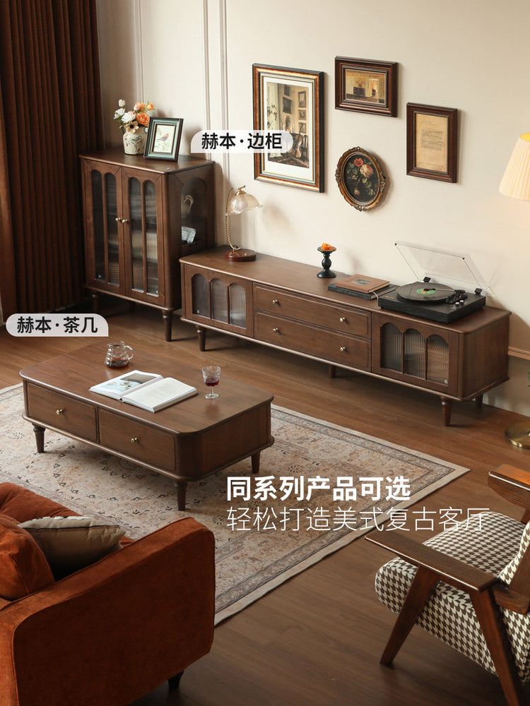 实木美式复古收纳地柜客厅黑胡桃木电视柜茶几组合