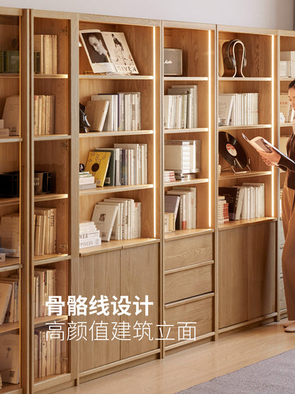 实木书柜书房带灯展示柜玻璃门组合柜子小户型靠墙储物柜
