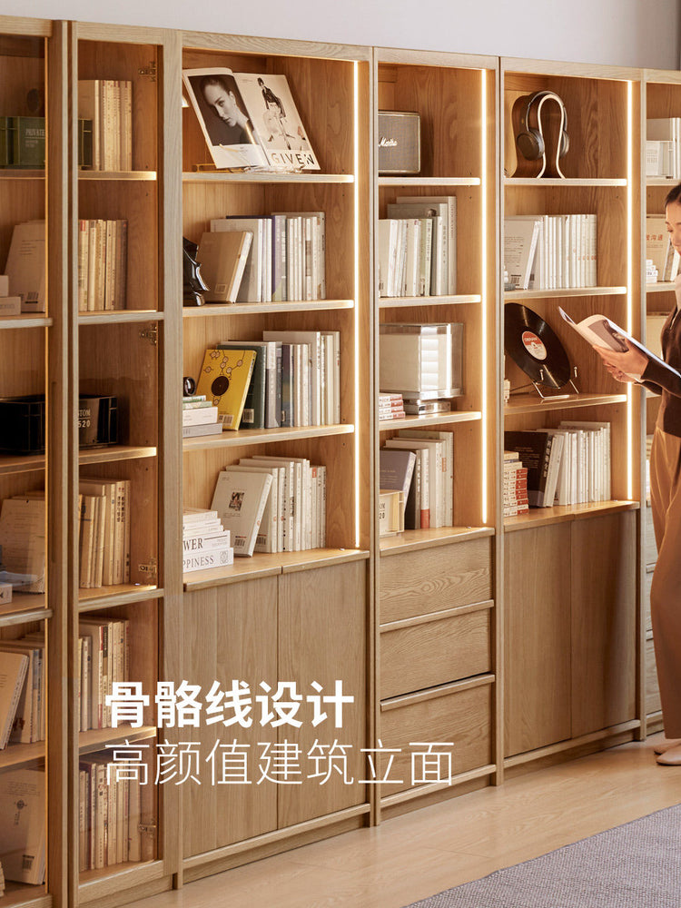 实木书柜书房带灯展示柜玻璃门组合柜子小户型靠墙储物柜