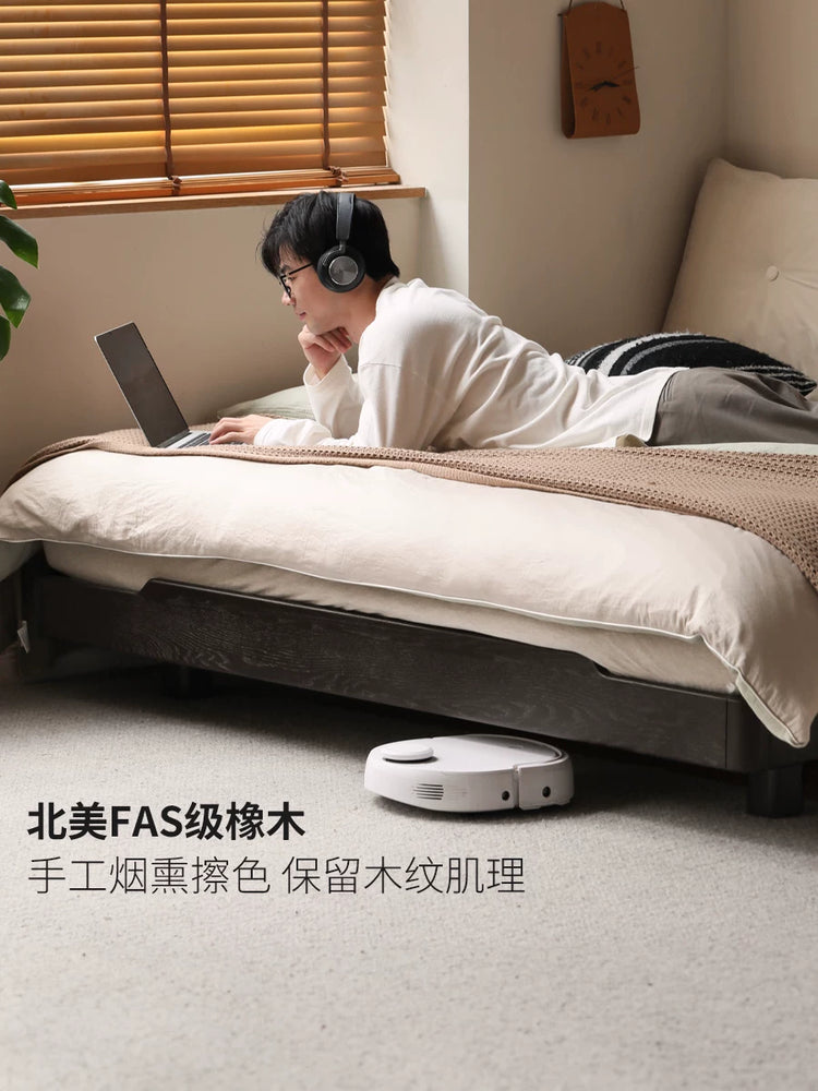 现代简约实木床黑色无床头榻榻米卧室家具带灯悬浮双人床