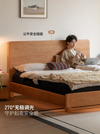 实木床现代简约樱桃木大板床多功能夜光床卧室双人床