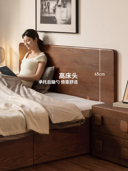 实木床现代简约橡木大板床卧室胡桃色双人床箱体床