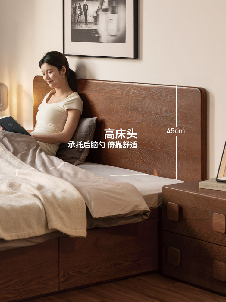 实木床现代简约橡木大板床卧室胡桃色双人床箱体床
