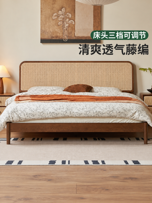 实木床卧室橡木胡桃色藤编床现代简约床头可调双人床