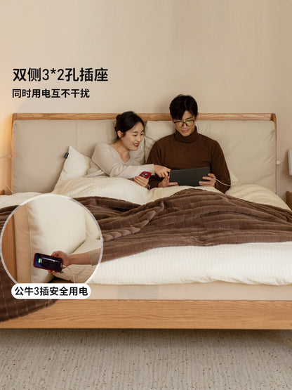 实木床现代简约橡木双人床多功能软包床真皮大床卧室家具