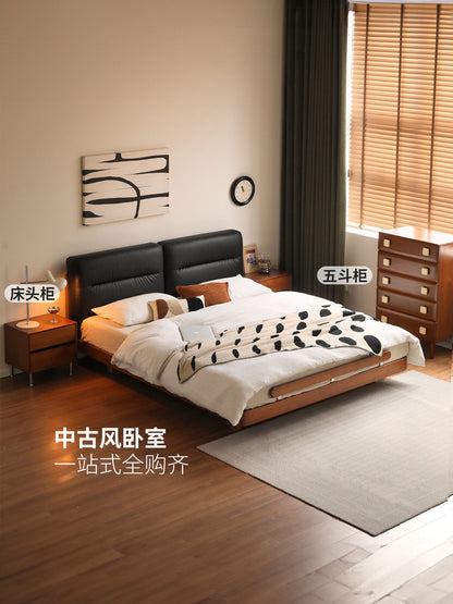 实木床中古包豪斯软包床卧室家具复古齐边悬浮床极简大床