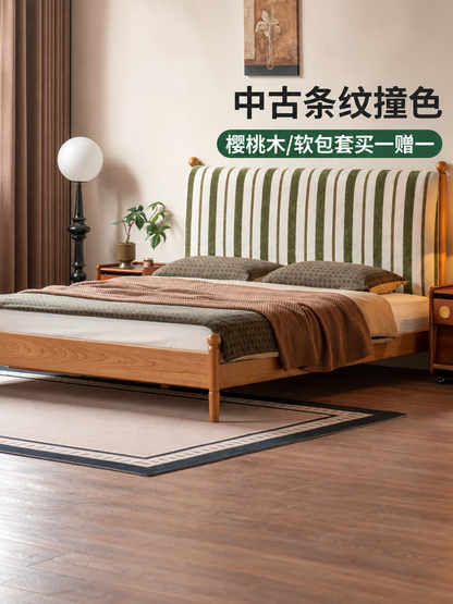实木床卧室中古双人床可拆洗布艺软靠床樱桃木大床