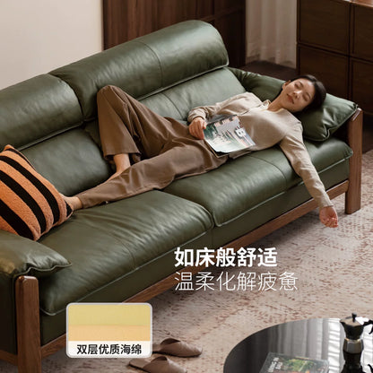 实木客厅意式轻奢真皮沙发小户型胡桃色橡木沙发